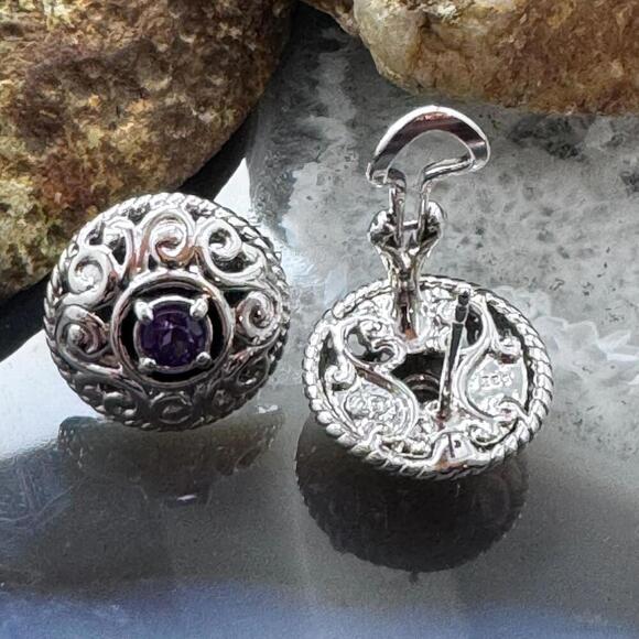 Carolyn Pollack Sterling Round Amethyst Omega Back Stud Earrings For Women - Picture 8 of 10